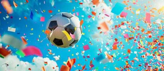 Wall Mural - Soccer ball and colorful confetti explosion concept banner background