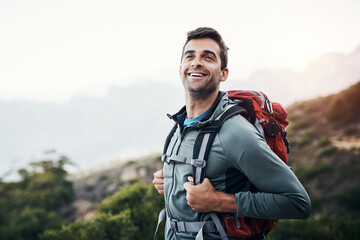 Canvas Print - Man, backpack and thinking in outdoor forest for wilderness experience, exploration and solitude for stress relief or mental health. Guy, nature and hiking in woods for adventure or physical exercise