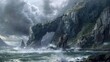© The 2R Artificiality - A rugged shoreline featuring a sizable rocky structure with a small opening with turbulent waters and a cloudy sky