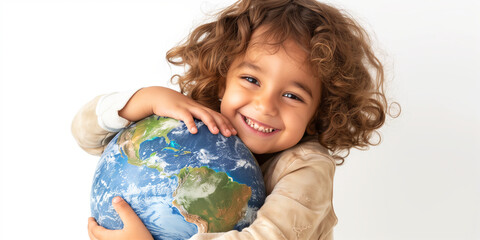 Happy cheerful child hugging planet Earth isolated on white background. Save the earth, Earth Day, Protecting environment concept.