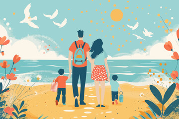 An illustration of a family walking towards the beach, holding hands and enjoying the sunny day. Flat vector illustration