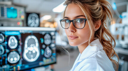 Female doctor examining x-rays of a cancer patient on the monitor