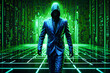© chinthaka - Cybersecurity Hacker man Walking on Futuristic Digital hoodie leather jacket Suit with Green Neon binary ai Code way