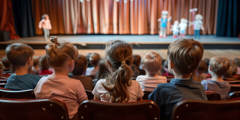 Group of cheerful children sitting in the theater watching the muppet show performance.