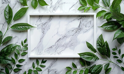 Wall Mural - Marble background with white frame and green leaves around the edges. Design layout with place for text. Generative AI