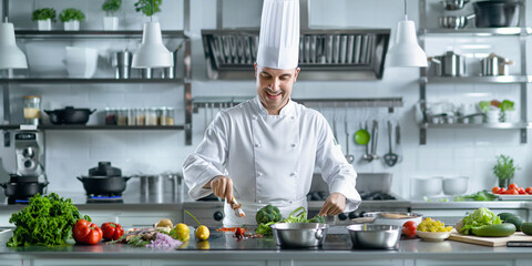 A professional chef is captured preparing a gourmet meal in a bustling modern kitchen. Advertising banner.