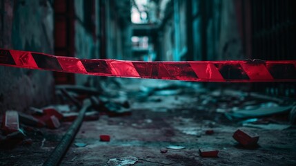 Abandoned alley with red caution tape and debris.