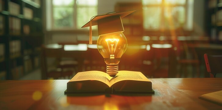 light bulb with graduation hat on an open book