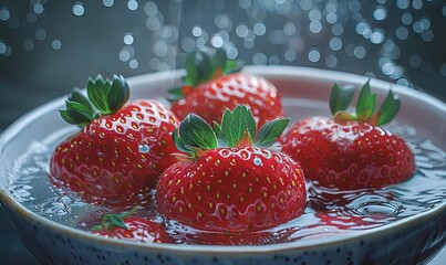 Wall Mural - Close-up of four Strawberries in a bowl of water