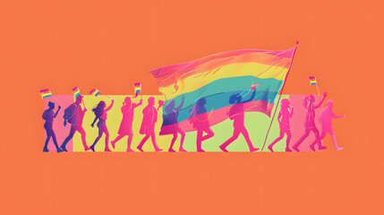 pride people holding a rainbow flag and celebrating freedom vector illustration