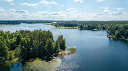 Wall Mural - Aerial view of Aulanko Observation Tower in Hameenlinna, flying the Finnish flag proudly, surrounded by blue lakes and lush green forests in summer.