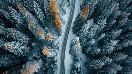 Wall Mural - Bird's-eye view of a scenic road traversing a snowy forest in the Dolomites, Italy, captured with a drone, emphasizing the contrast between the white snow and dark trees.