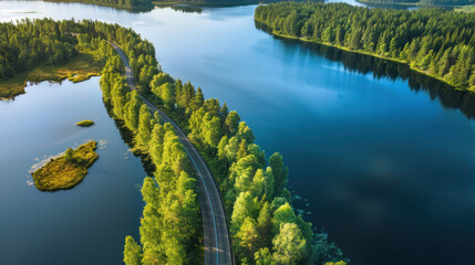 Wall Mural - Bird's-eye view of a tranquil road meandering through vibrant green forests and alongside shimmering blue lakes in Finland, bathed in summer sunlight.