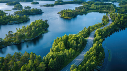 Wall Mural - Bird's-eye view of a tranquil road meandering through vibrant green forests and alongside shimmering blue lakes in Finland, bathed in summer sunlight.