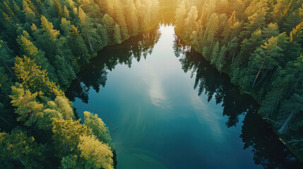 Wall Mural - Breathtaking aerial vista of Finland's summer scenery, with blue lakes and rich green forests glowing under the warm sunlight, seen from a drone's vantage point.