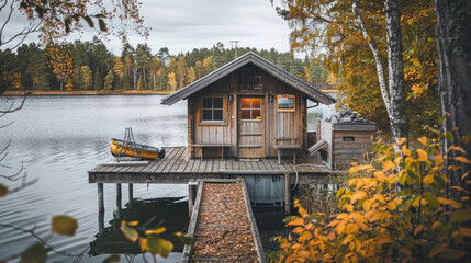 Wall Mural - Finnish sauna in a wooden hut by the lake, complemented by a rustic pier and fishing boats, framed by the natural beauty of summer foliage and water.