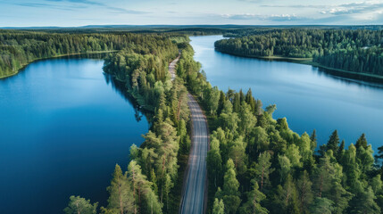 Wall Mural - High-angle drone shot of a scenic road surrounded by dense green forests and sparkling blue lakes, capturing the essence of a summer day in Finland.