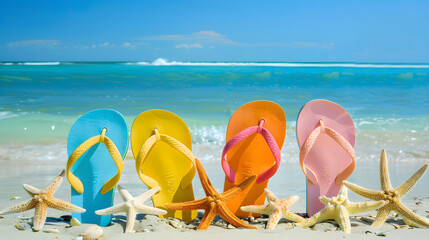 Wall Mural - Colorful flip flops lined up on a sandy beach adorned with starfish, with a clear blue ocean and sky in the background, encapsulating a perfect summer day.