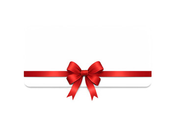 Blank white gift card with red ribbon bow isolated on transparent background, PNG format