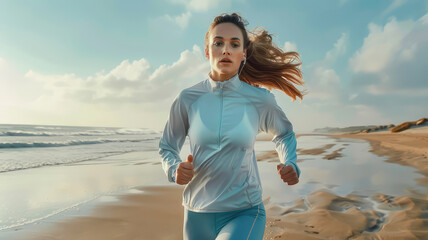 Wall Mural - woman running on beach in morning sunrise