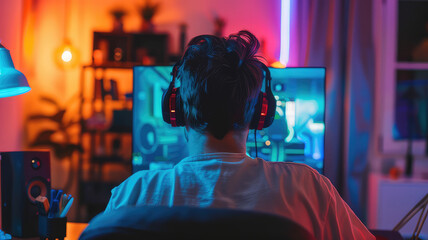 young man gaming with computer in room with neon lights and streaming online