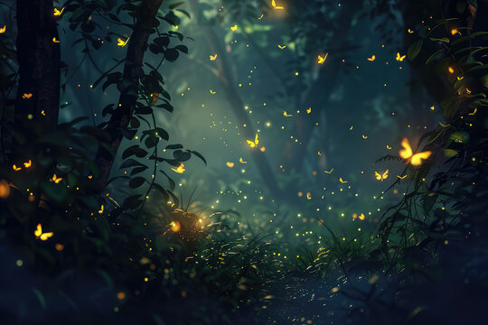 Fireflies flying in the dark, Glowing bugs in night forest