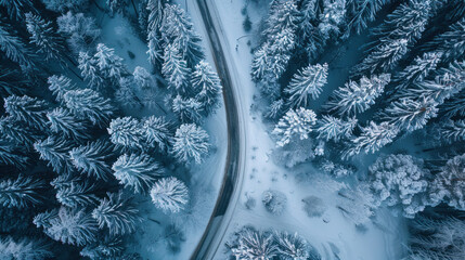 Wall Mural - Stunning aerial perspective of a solitary road amidst a snowy forest in the Dolomites, Italy, offering a breathtaking view of the tranquil winter scene.