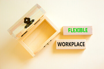 Flexible workplace symbol. Concept words Flexible workplace on beautiful wooden block. Beautiful white paper background. Empty wooden chest. Business Flexible workplace concept. Copy space.