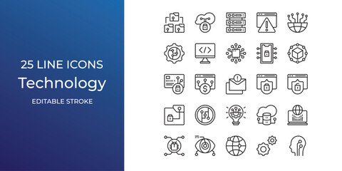 Technology icon set vector design editable stroke. server, data cloud, folders secure and more