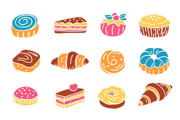 Wall Mural - Sweet French Bakery Dessert Set Cakes Doodle Icons