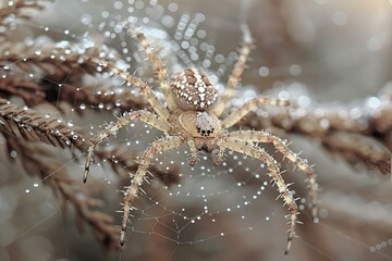 Sticker - Spider on a branch surrounded by water droplets, gazing, AI-generated.