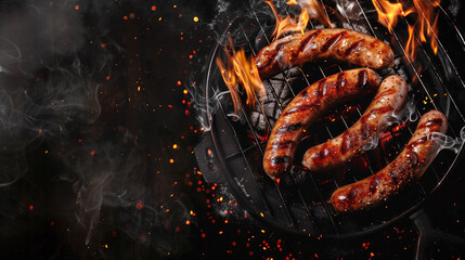 Poster - Grilled juicy sausages, brarwurst sizzling on a grill with fire. Top view