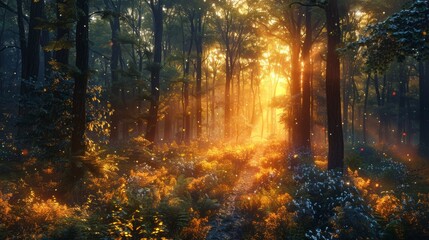 Wall Mural - Craft a mesmerizing digital artwork of a secluded forest clearing bathed in the golden light of a setting sun