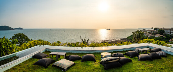 Canvas Print - View of rooftop bar at sunset in Cape Panwa beach in Phuket, Thailand