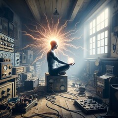 A person in a meditative pose radiates energy in a room filled with vintage electronic equipment, blending spirituality with technology.. AI Generation