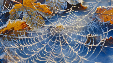 An intricate macro shot of frost-covered spiderwebs glistening in the early morning light, with tiny ice crystals catching the sunlight and casting delicate, intricate shadows on a background of