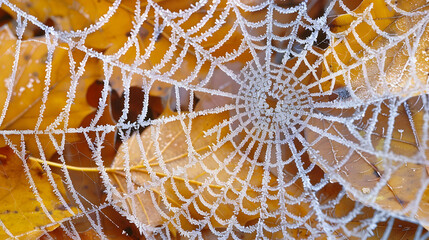 An intricate macro shot of frost-covered spiderwebs glistening in the early morning light, with tiny ice crystals catching the sunlight and casting delicate, intricate shadows on a background of