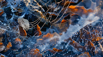 An intricate macro shot of frost-covered spiderwebs glistening in the early morning light, with tiny ice crystals catching the sunlight and casting delicate, intricate shadows on a background of