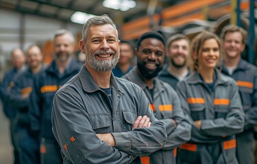 Wall Mural - Picture of a happy, diversified group of coworkers at a modern metalwork warehouse plant, arranged in a row.