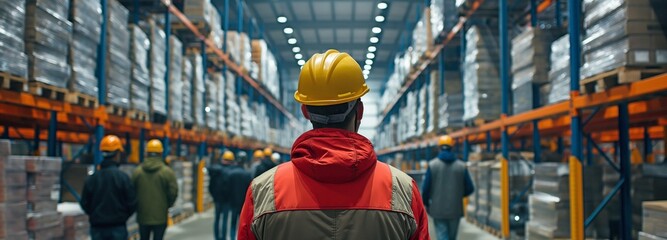 Wall Mural - Safety meeting at the warehouse, wearing hard helmets. industrial cooperation.