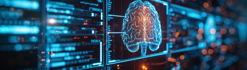 Digital brain scans and data visualizations on futuristic screens, representing AI and medical innovation in neural technology.