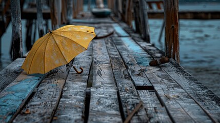 Wall Mural - A blue umbrella is on a wooden bench by a body of water