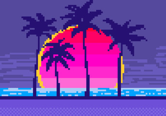 vector palm trees at sunset in pixel art style. 8 bit landscape of palm trees on the shore in the st