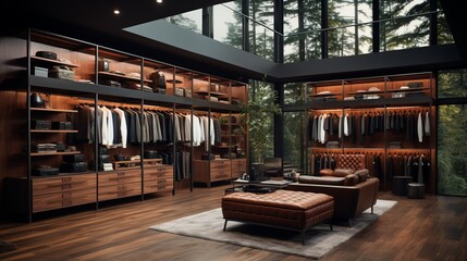 Male wardrobe with wooden furniture in luxurious forest house.