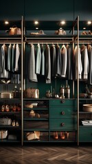 Stylish green color wardrobe in modern house.