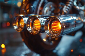 Closeup of glowing exhaust pipes on a motorcycle, with a blurred background of city lights.