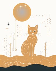 Abstract digital artwork of a cat sitting under a glowing moon with geometric patterns and a surreal landscape.