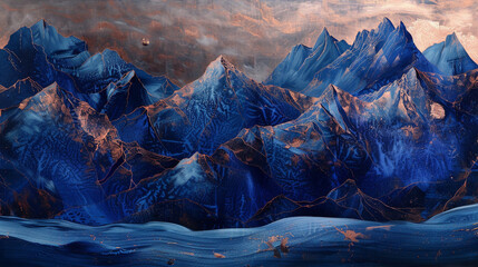 Wall Mural - Otherworldly mountain range in shades of indigo and copper, surreal oil canvas,