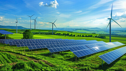 green energy generation, a wind farm with several wind turbines spinning under a clear blue sky, and