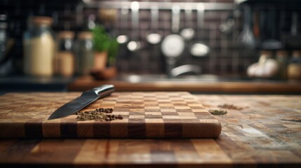 Wall Mural - A professional wooden chopping board with a French chefs knife sitting on it to one side